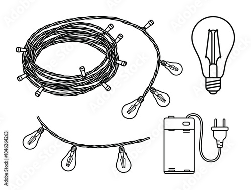 Line art of string lights, light bulb, and battery pack with plug vector illustration