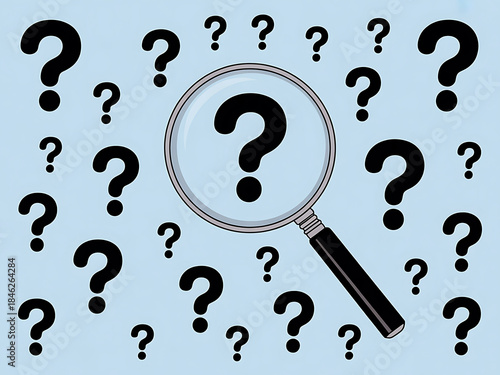 A magnifying glass focusing on a specific question mark within a field of many similar symbols