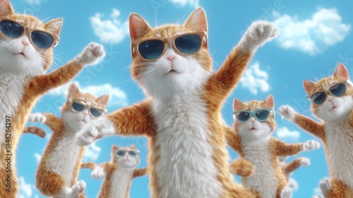 A group of excited cats in sunglasses moves rhythmically creating a fun and lively scene outdoors.