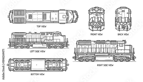 Locomotive Train Blueprint with Top, Front, Back, Left, Right, Bottom Views in Black and White