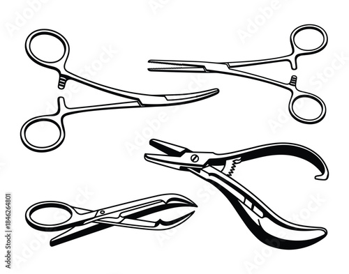 Medical Instruments Set Black and White Illustration Surgical Tools