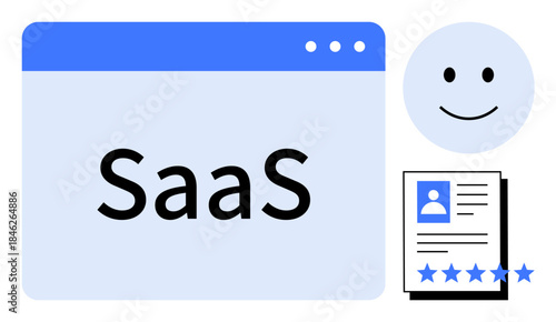 SaaS web browser interface with smiling face and user profile featuring star rating. Ideal for software as a service, customer feedback, user experience, reviews, technology, startups, digital