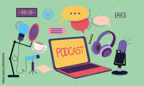 Headphones, microphone, laptop, speech bubbles vector illustration. Podcast on recording , broadcasting, online radio, audio streaming service Concept, Hand drawn Vector isolate