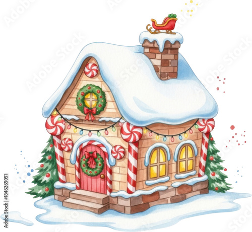 Festive christmas house decorated with candy canes and wreaths isolated on transparent background