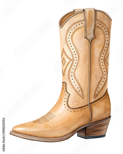 Tan Cowboy Boot Watercolor Painting isolated on a transparent background