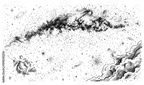 Monochrome Space Illustration with Nebula, Galaxies, Stars, and Cloud Formations
