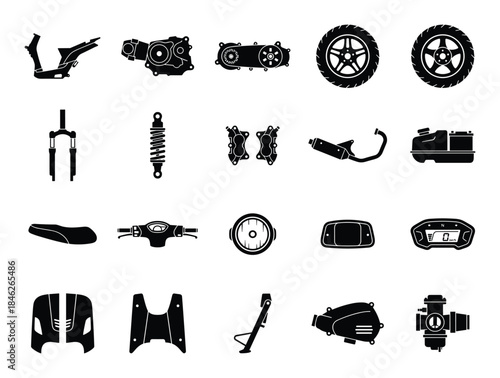 Motorcycle Spare Parts Silhouette Collection in Black and White