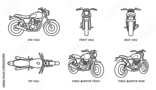 Motorcycle Views Illustration Side, Front, Back, Top, Three-Quarter Front and Rear in Black and White