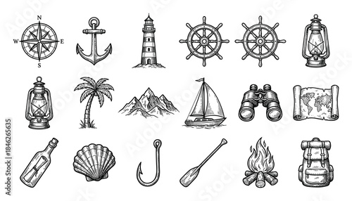 Nautical Adventure Set: Compass, Anchor, Lighthouse, Ship Wheels and Travel Icons