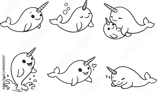 Cute cartoon narwhal characters in various poses and emotions, perfect for coloring books