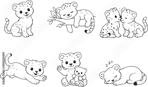 Charming collection of cute baby leopard cubs in various delightful poses for coloring