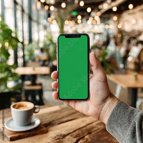 A person is holding a green iPhone in front of a table with a cup of coffee