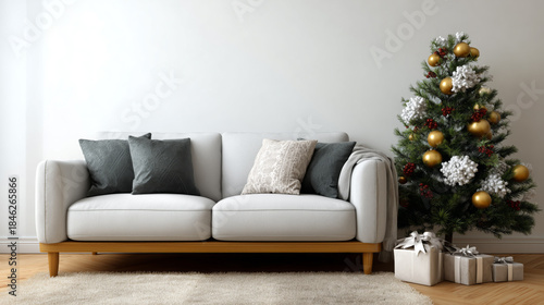Cozy Living Room with White Sofa and Festive Christmas Tree Decorated with Ornaments, Gifts, and Soft Rug for Holiday Atmosphere