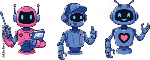 Friendly Robot Trio Showcasing Technical Skills, Customer Support, and Cheerful Personality in a Colorful Cartoon-Style Illustration for Educational Use
