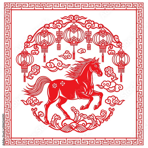 Traditional Chinese Red Paper-Cut Art Featuring a Majestic Horse Surrounded by Lanterns and Clouds