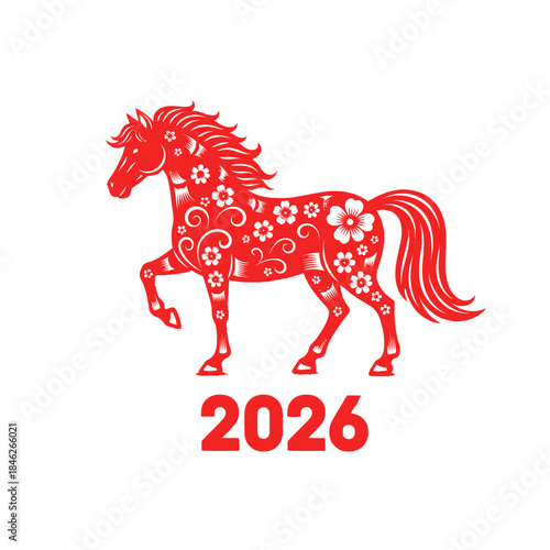Festive red horse illustration decorated with floral patterns for the 2026 lunar new year
