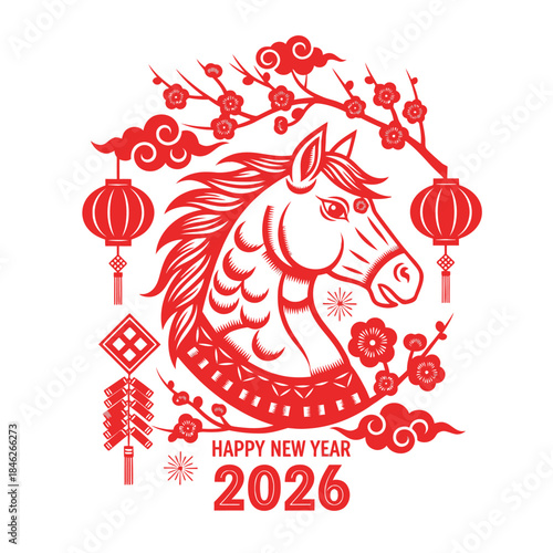 Traditional Chinese Red Paper Cutout of Horse Celebrating Lunar New Year 2026