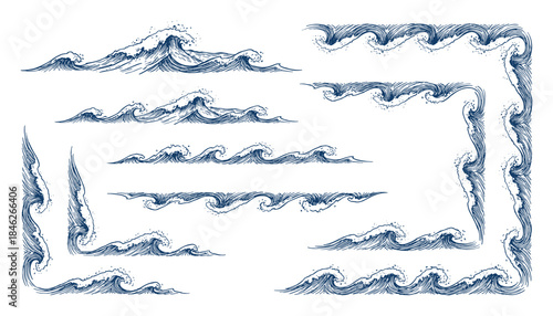 Navy Blue Hand Drawn Ocean Waves Border Set Illustration on White Background