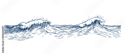 Navy Blue Hand-Drawn Ocean Waves Illustration with White Background