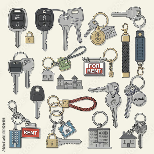 Collection of Keys and Keychains for Real Estate and Security.