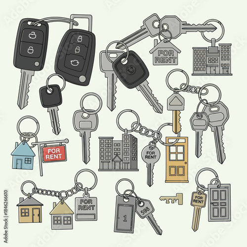 Collection of Keys and Keychains with House and Building Themes.