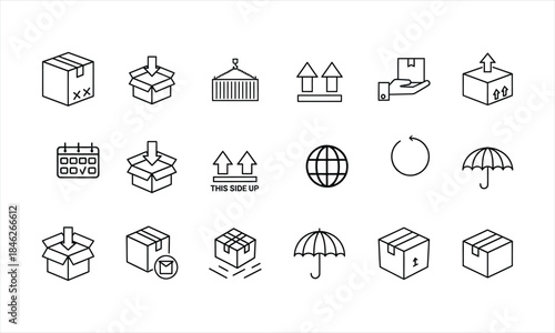 Isometric outline icons set of cardboard shipping boxes, open packages, and wrapped present containers
