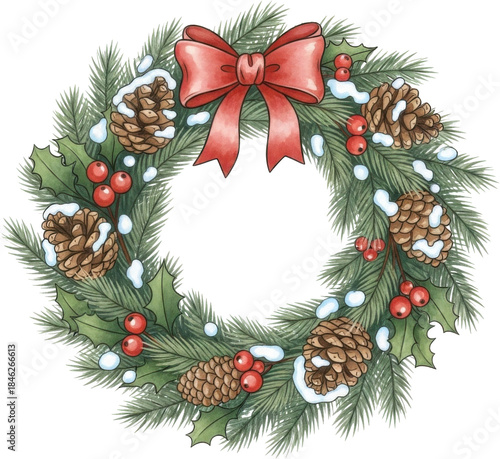 Beautiful christmas wreath with red bow and snow isolated on transparent background