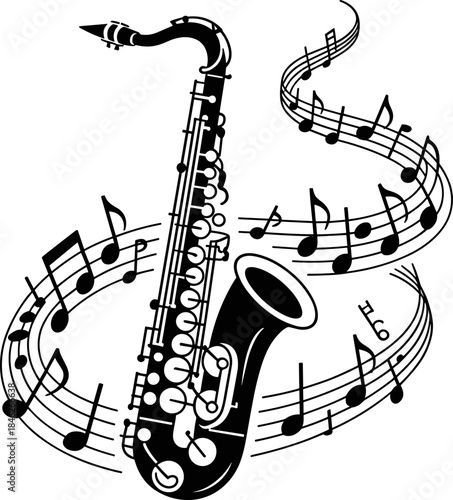 Elegant Jazz Saxophone Silhouette Vector Art – Swirling Musical Notes and Staff Flowing in Dynamic Black and White Rhythm for Concert Posters and Graphic Design Elements.