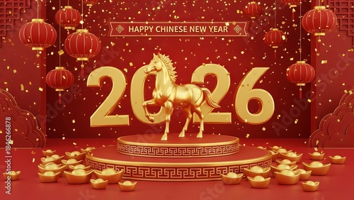 Golden Horse Running on Red Fan Pattern Background with 2026