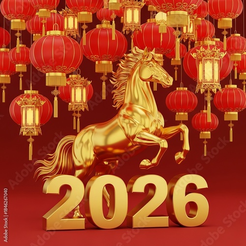 Gold Horse Statue on Stage with 2026 and Falling Confetti