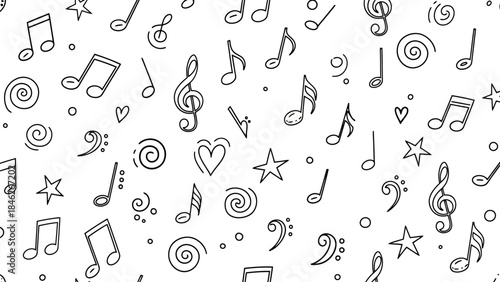 Seamless Pattern of Hand-Drawn Musical Notes, Symbols, and Hearts on White Background