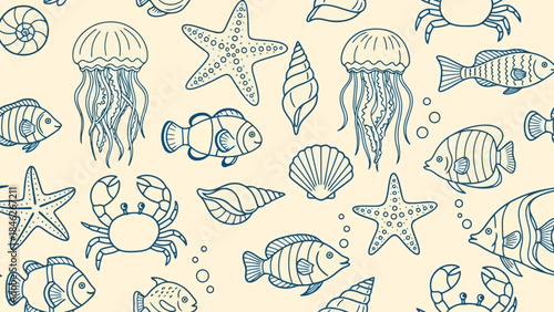 Seamless Pattern of Ocean Life Illustrations: Jellyfish, Starfish, Fish, and Shells