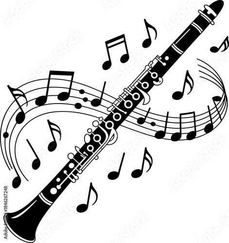 Elegant Clarinet Icon Playing Music Notes - Stylized Black Silhouette Vector Graphic of Woodwind Instrument for Concert Posters, Music Education, or Band Design Elements.