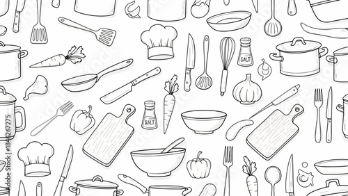 Hand-Drawn Kitchen Utensils and Food Items in a Whimsical Doodle Seamless Pattern
