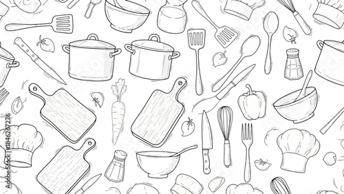 Seamless Sketchy Pattern of Assorted Kitchen Utensils and Cooking Equipment