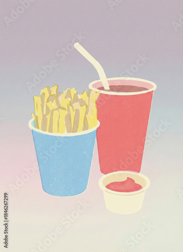 Vintage risograph and lithography style art of a fast food set with fries, drink, and ketchup.