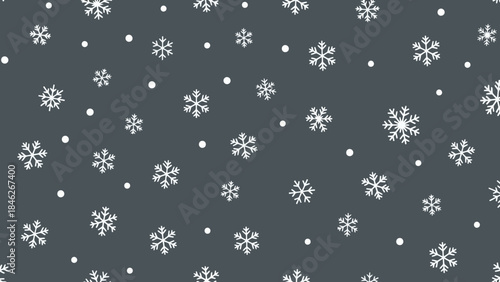 Seamless Pattern of White Snowflakes and Dots on a Dark Gray Background