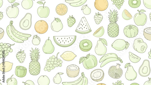 Charming Hand-Drawn Fruit Pattern with Various Fruits on White Background