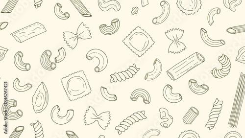 Seamless Pattern of Assorted Italian Pasta Shapes on Beige Background, Vector Art