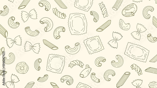 Seamless Pattern of Hand-Drawn Pasta Shapes on a Light Background, Vector Illustration