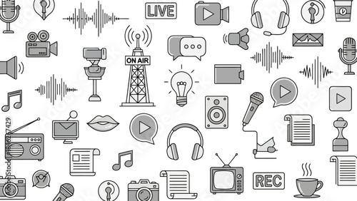 Collection of Vector Icons Representing Broadcasting, Media, and Communication Elements