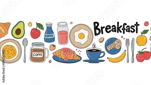 Drawn Breakfast Foods and Drinks Seamless Pattern with Text "Breakfast"