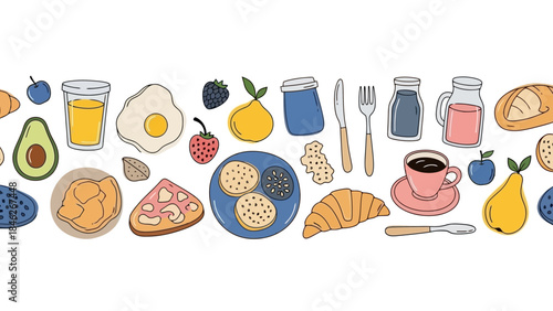Seamless Vector Pattern of Diverse Breakfast Foods and Drinks in a Hand-Drawn Style