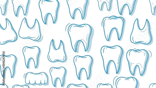 Seamless Pattern of Stylized Teeth Illustrations in Blue Outline on White Background