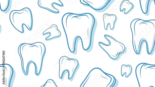 Seamless Pattern of Cartoon Teeth Icons with Blue Outline on White Background