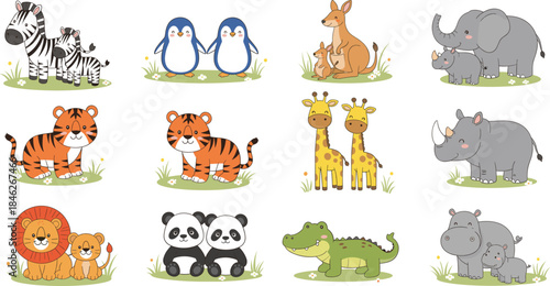 Large vector collection of cute cartoon wild animal families and babies, including a mother Zebra, Kangaroo, Elephant, Tiger, Lion, Panda, Giraffe, Rhino, Hippopotamus, Crocodile, and Penguins.