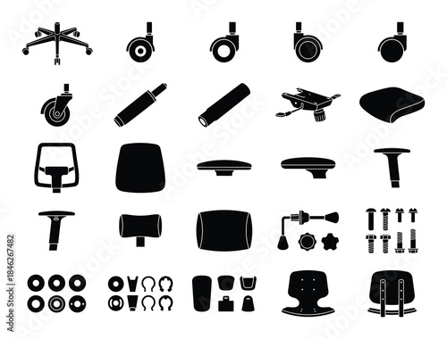 Office Chair Parts Silhouette Illustration, Components for Assembly and Repair, Black and White isolated