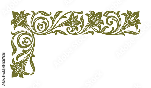 Olive Green Floral Corner Ornament with Lily Flowers and Decorative Swirls