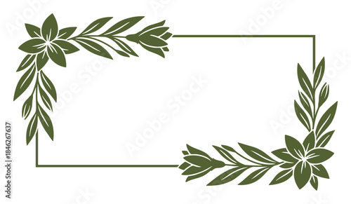 Olive Green Floral Frame Rectangle with Flowers and Leaves Corner Design