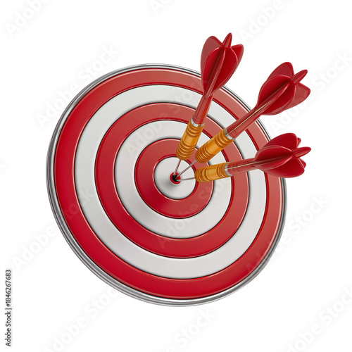 Three Red Darts Embedded in a Target bullseye game isolated on a transparent background